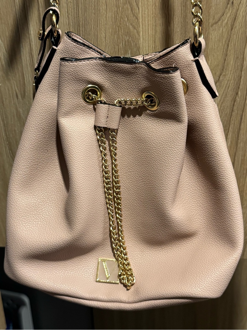Victoria's Secret Blush Pink Drawstring Bucket Bag with Gold Chain